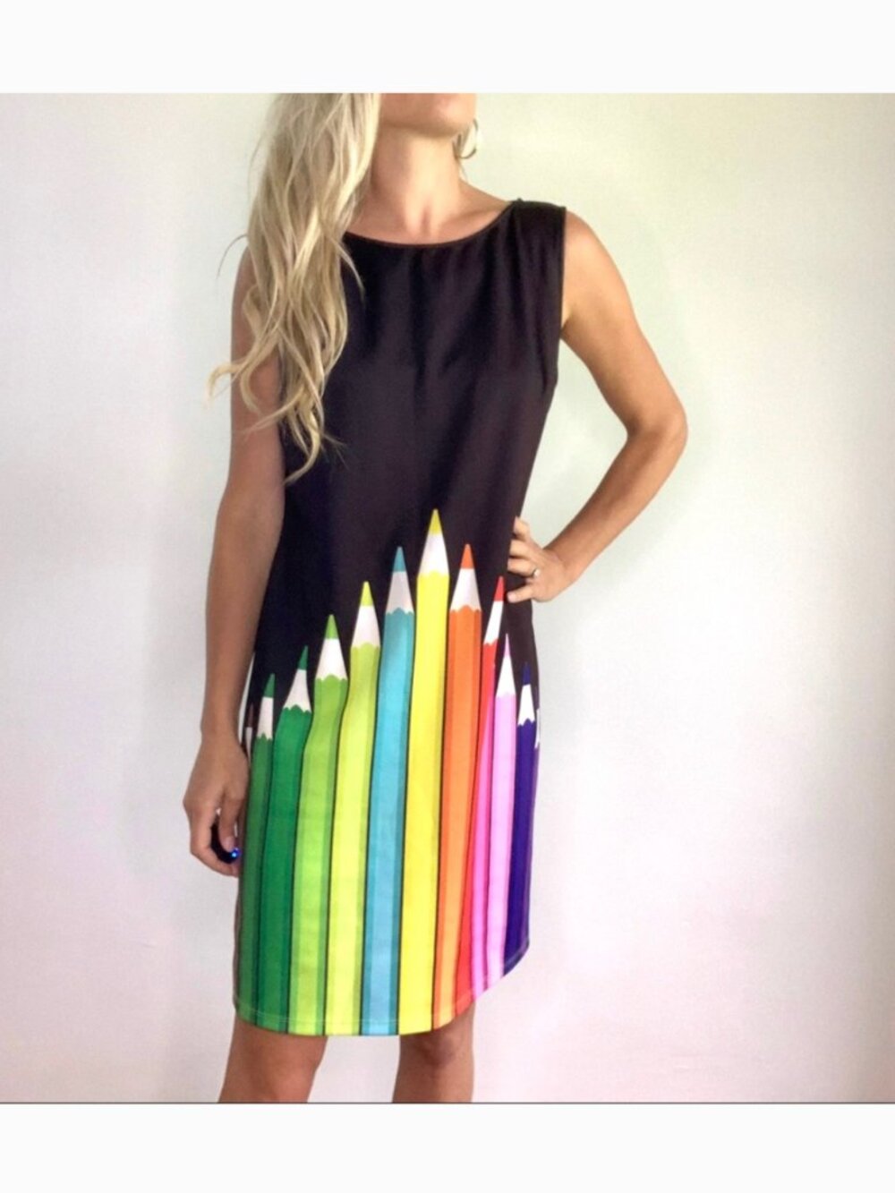 Pyramid Collection Colored Pencil Rainbow Print Dress Art Teacher Vintage Retro - Picture 2 of 5